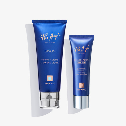 Pier Augé USA PDRN Barrier Repair Set with gentle cleansing cream and overnight mask, skincare duo for skin hydration and repair.
