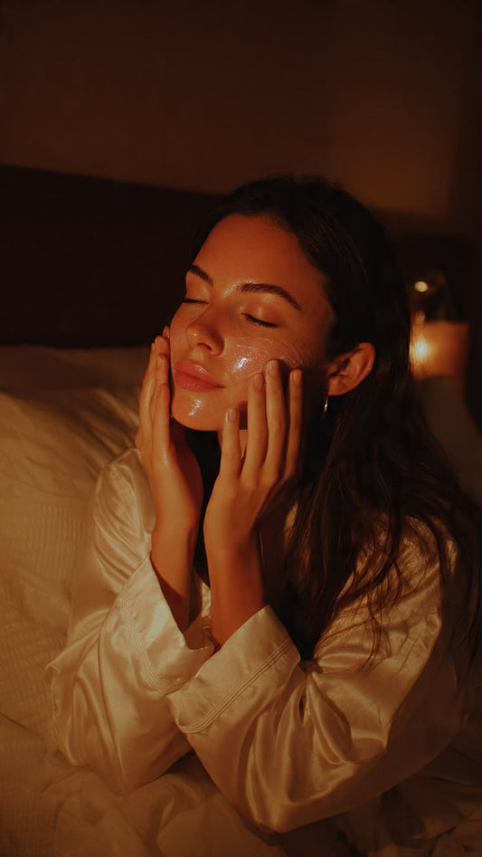 Woman applying a lightweight overnight PDRN mask as part of a comfortable nighttime skincare routine.
