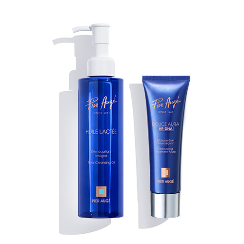 Pier Augé USA PDRN Glow Reset Set with makeup removing oil and overnight repair mask in sleek containers.