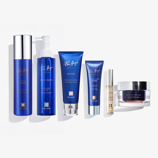 Pier Augé USA Complete Skin Renewal Ritual 6-piece PDRN skincare set with creams, serums, and treatment products for skin repair.