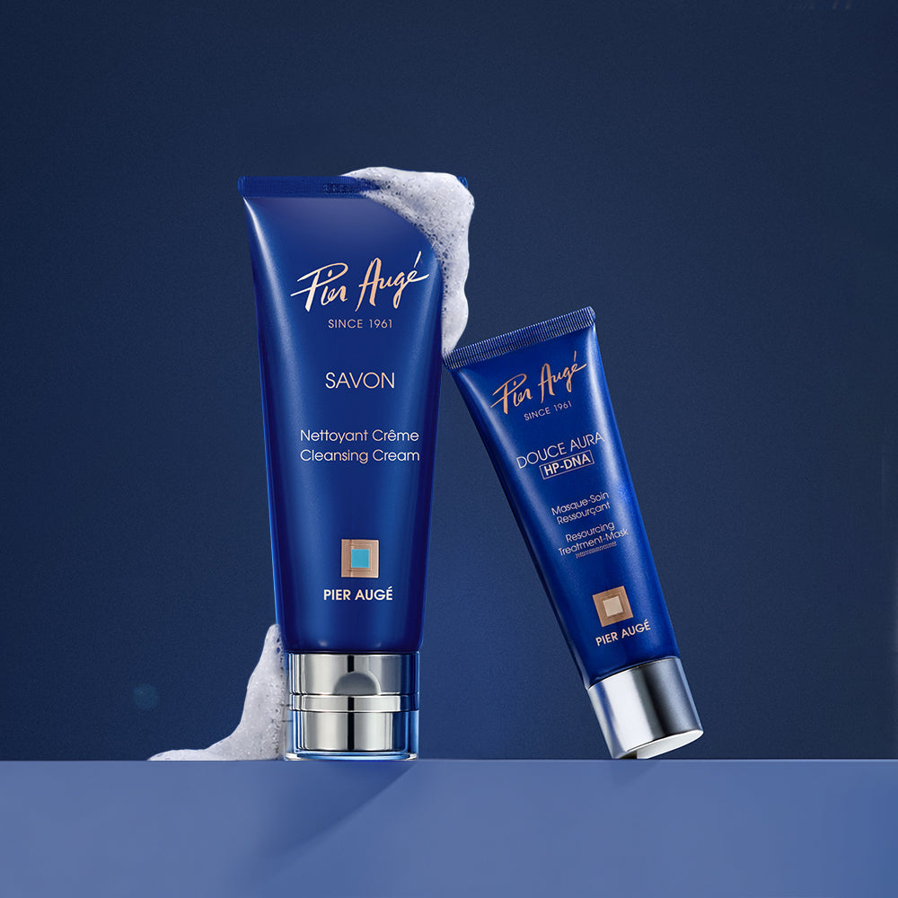Pier Augé USA PDRN Barrier Repair Set with gentle cleansing cream and overnight mask, showing the skincare duo in elegant packaging.