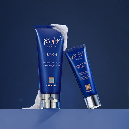 Pier Augé USA PDRN Barrier Repair Set with gentle cleansing cream and overnight mask, showing the skincare duo in elegant packaging.