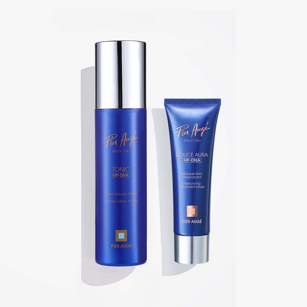 Pier Augé USA PDRN Skin Barrier Repair Set with hydrating toner and overnight mask, featuring soothing and nourishing skincare products.