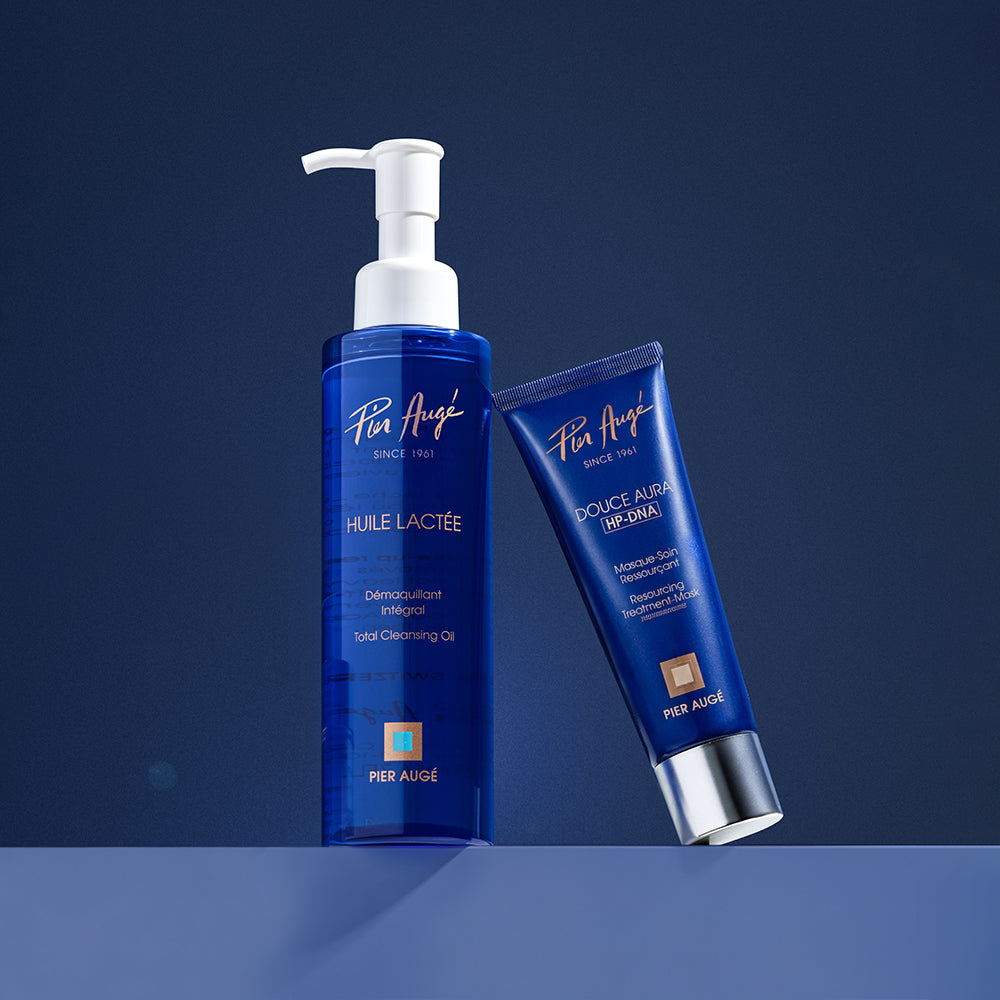 Pier Augé USA PDRN Glow Reset Set with makeup removing oil and overnight repair mask for radiant skin.