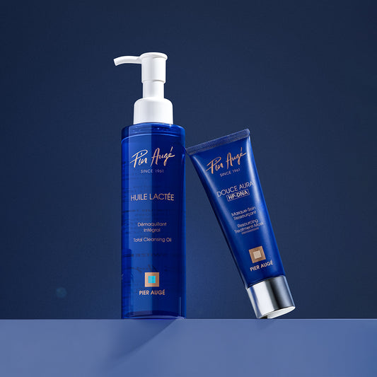 Pier Augé USA PDRN Glow Reset Set with makeup removing oil and overnight repair mask for radiant skin.