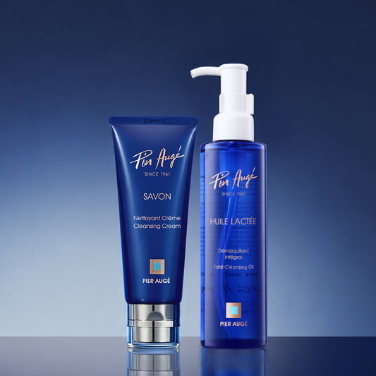 Pier Augé USA Double Cleanse Ritual Set with gentle cleansing oil and sulfate-free face wash in sleek bottles.